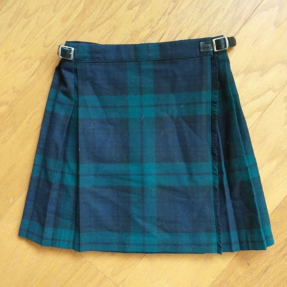 O'Neil Dublin Kilt Wrap Skirt Girls 24 5/6 Blue Green Plaid Pleated Wool Adjusta